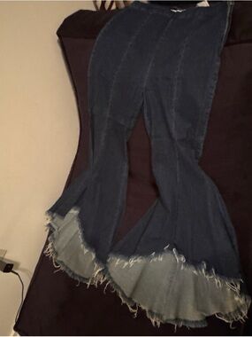 Zara Dark Blue Flare Jeans with Frayed Hem